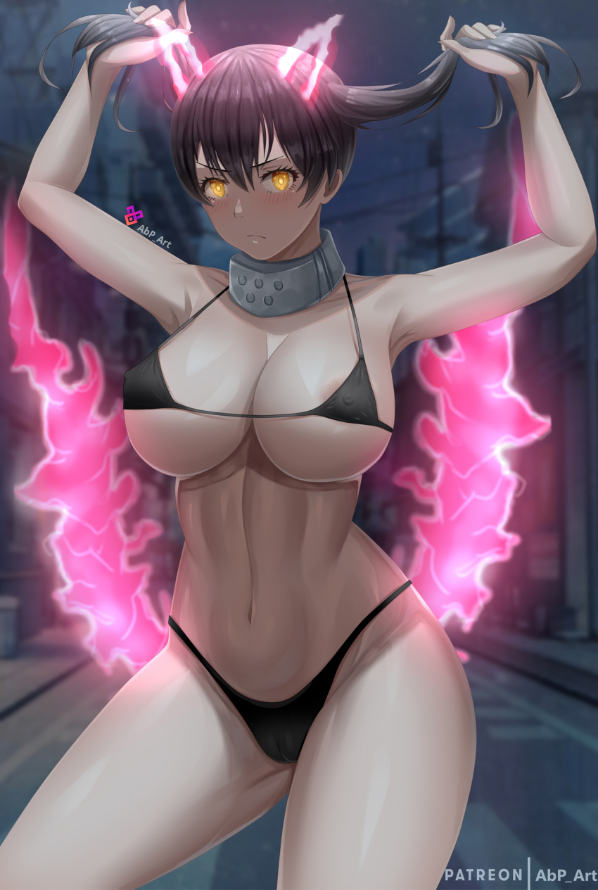 1girl abpart alternate_breast_size areola_slip areolae armpits arms_up artist_name bangs bare_shoulders bikini black_bikini black_hair blurry blurry_background blush breasts cleavage closed_mouth collarbone commentary covered_nipples cowboy_shot en'en_no_shouboutai eyebrows_visible_through_hair fiery_ears fiery_tail fire groin hair_between_eyes highres holding holding_hair large_breasts long_hair looking_at_viewer navel night outdoors patreon_username purple_fire sidelocks solo standing stomach swimsuit tail tamaki_kotatsu twintails underboob yellow_eyes