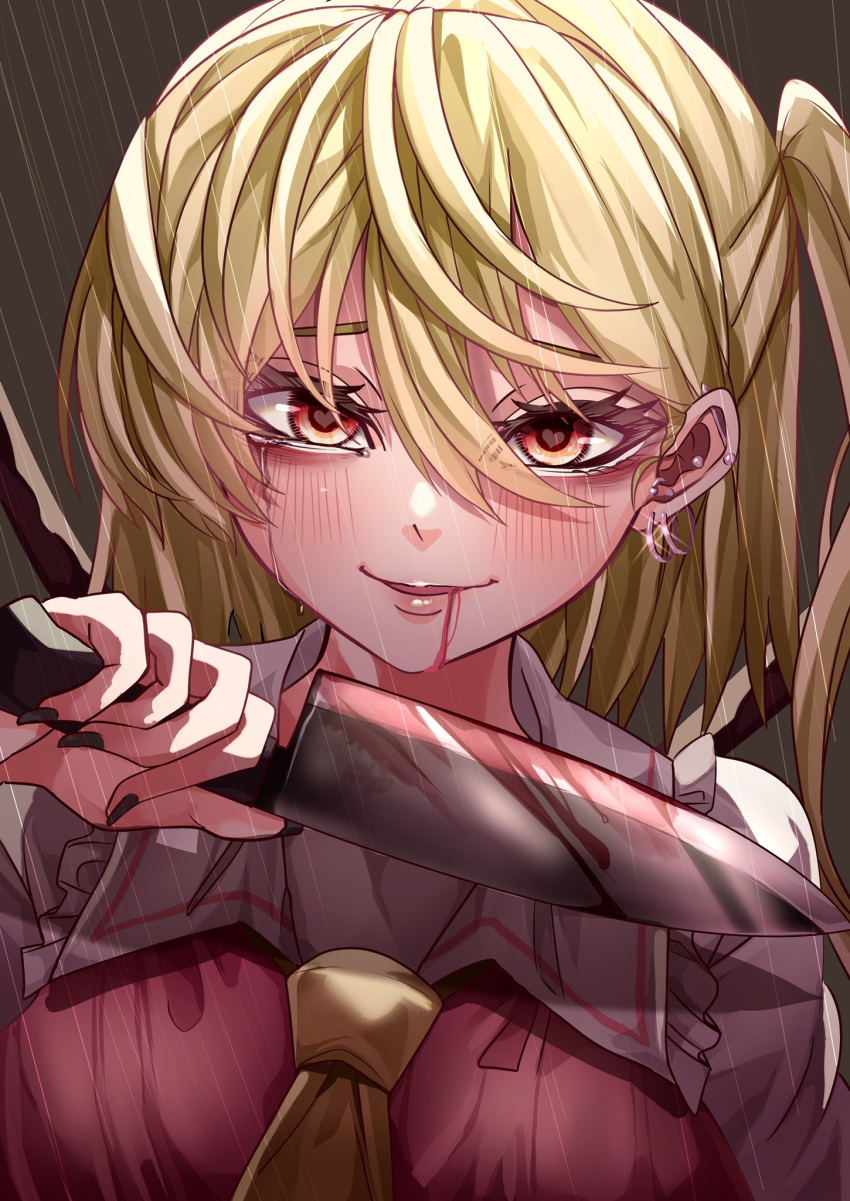 1girl ascot bags_under_eyes black_nails blonde_hair blush crying drooling_blood ear_piercing earrings eyebrows eyebrows_behind_hair eyelashes fingernails flandre_scarlet frilled_shirt_collar frills heart heart-shaped_pupils highres jewelry knife lips looking_at_viewer maboroshi_mochi medium_hair no_hat no_headwear one_side_up piercing rain red_eyes red_vest shirt smile solo symbol-shaped_pupils tears touhou vest white_shirt wings yellow_ascot