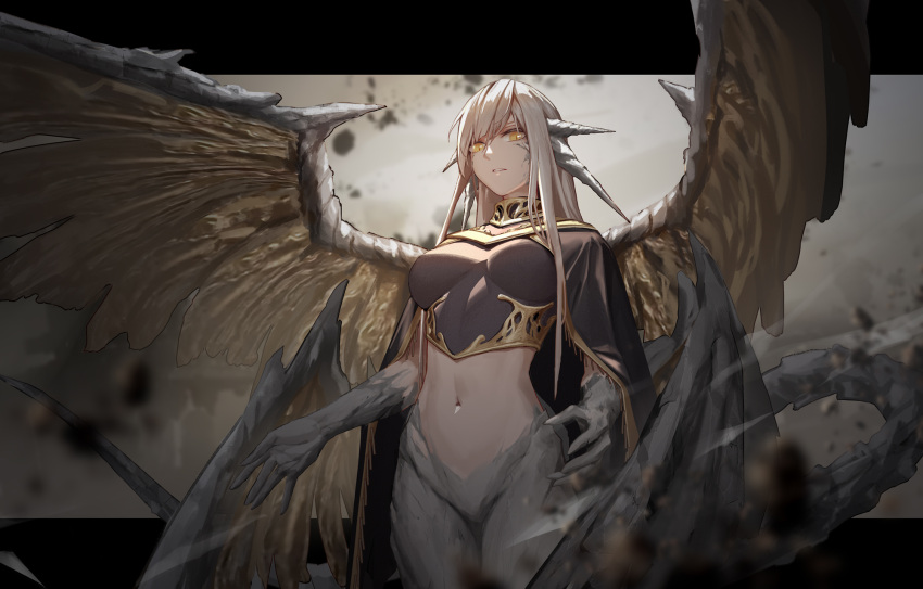 1girl ancient_dragon_lansseax aquila-n black_shirt bottomless breasts cape collar cropped_shirt dragon_girl dragon_horns dragon_tail dragon_wings elden_ring extra_horns highres horns long_hair looking_at_viewer medium_breasts multiple_wings navel personification scales shirt slit_pupils stomach tail white_hair wings yellow_eyes
