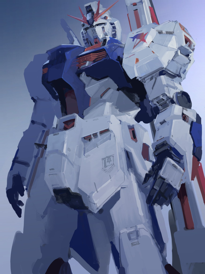 blue_background char's_counterattack green_eyes gundam highres looking_ahead mecha mobile_suit no_humans nu_gundam nu_gundam_(rx-93ff) open_hands rintaro_komori science_fiction solo v-fin