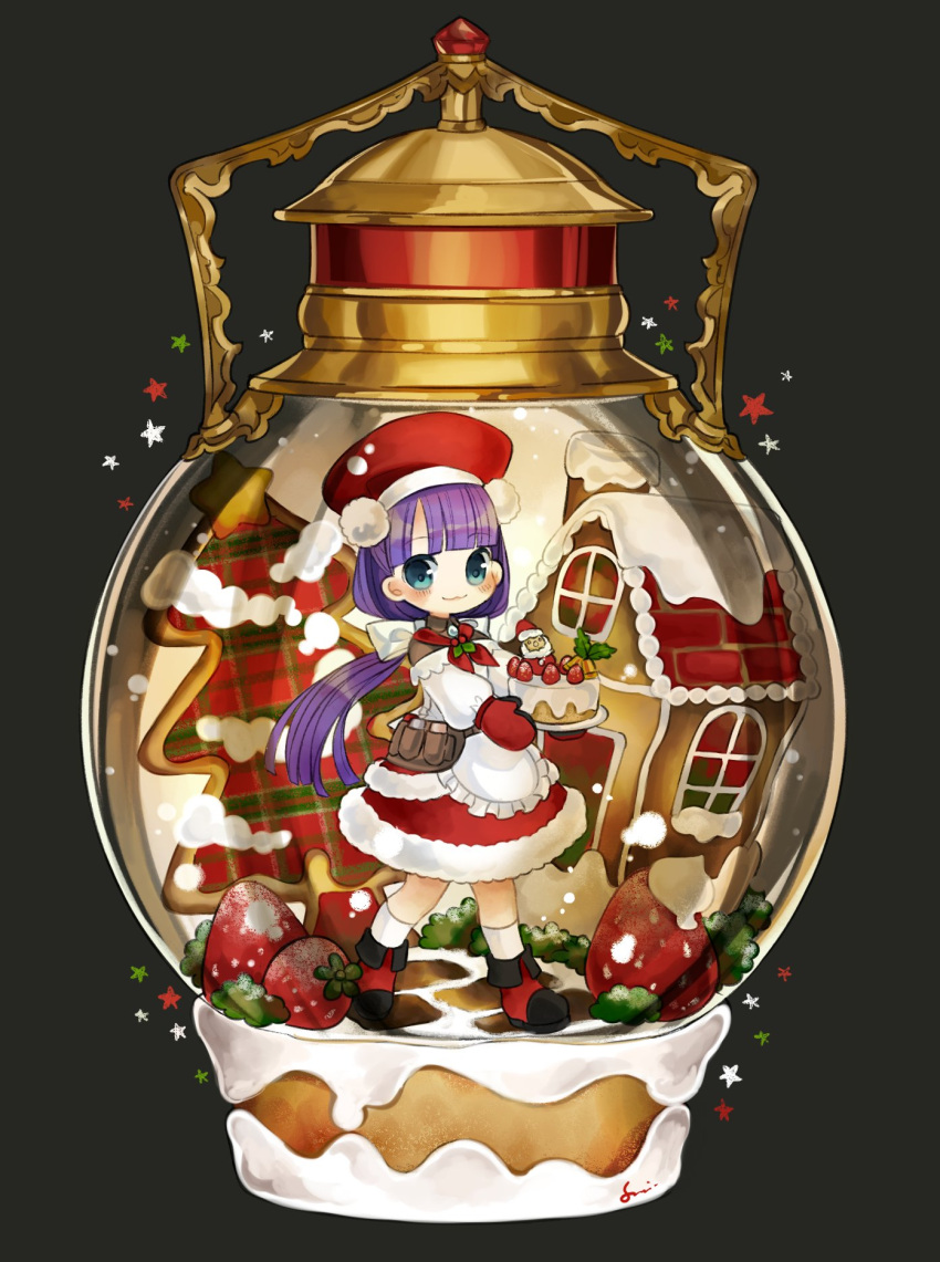 1girl apron beret blue_eyes cake dress fate/grand_order fate_(series) food fruit gingerbread_house hat highres long_hair martha_(fate) martha_(santa)_(fate) pom_pom_(clothes) purple_hair snow_globe strawberry sumifate