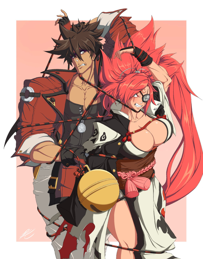 1boy 1girl absurdres amputee angry baiken bell bound bound_together breasts brown_hair cleavage collarbone dark-skinned_male dark_skin english_commentary eyepatch facial_tattoo fang guilty_gear guilty_gear_strive headband height_difference highres jacket japanese_clothes jingle_bell kataginu large_breasts long_hair no_bra obi one-eyed oversized_object patsky_bebop pectorals pink_eyes pink_hair ponytail red_headband red_jacket rope sash scar scar_across_eye sleeves_pushed_up sol_badguy spiked_hair tattoo teeth tied_up_(nonsexual) very_long_hair you're_doing_it_wrong