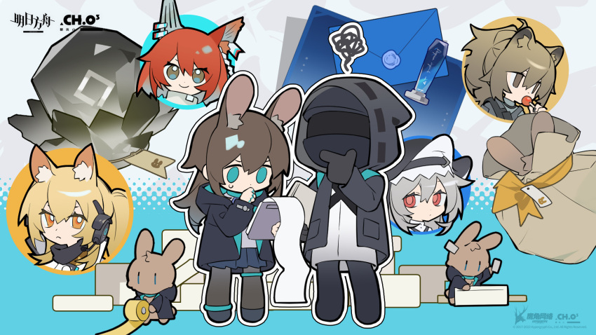 1other 5girls :&lt; amiya_(arknights) animal_ear_fluff animal_ears animalization arknights black_gloves black_headwear black_jacket black_legwear blonde_hair blue_eyes blue_skirt brown_bag brown_eyes brown_hair candy chibi chinese_commentary commentary_request company_name copyright_name doctor_(arknights) extra_ears food gloves grey_hair habit hair_between_eyes hand_to_own_mouth headset highres hood hood_down hood_up hooded_jacket implied_extra_ears jacket jewelry lion_ears lollipop looking_at_viewer multiple_girls multiple_rings nearl_(arknights) nearl_the_radiant_knight_(arknights) notebook official_alternate_costume open_clothes open_jacket originium_(arknights) pantyhose pleated_skirt ponytail red_eyes red_hair ring sack shirt siege_(arknights) siege_(city_destroyer)_(arknights) skirt smile specter_(arknights) specter_the_unchained_(arknights) squiggle squirrel_ears standing sweatdrop tape thigh_strap thinking watermark wax_seal wax_stamp white_shirt