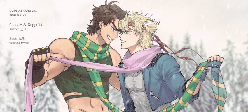 2boys battle_tendency blonde_hair blue_eyes brown_hair caesar_anthonio_zeppeli collaboration face-to-face facial_mark feather_hair_ornament feathers fingerless_gloves gloves green_eyes green_scarf grin hair_ornament headband highres jojo_no_kimyou_na_bouken joseph_joestar joseph_joestar_(young) male_focus mubebe_0p multicolored_clothes multicolored_scarf multiple_boys pink_scarf ranch_jjba scarf scarf_grab smile striped striped_scarf triangle_print vertical-striped_scarf vertical_stripes yellow_scarf