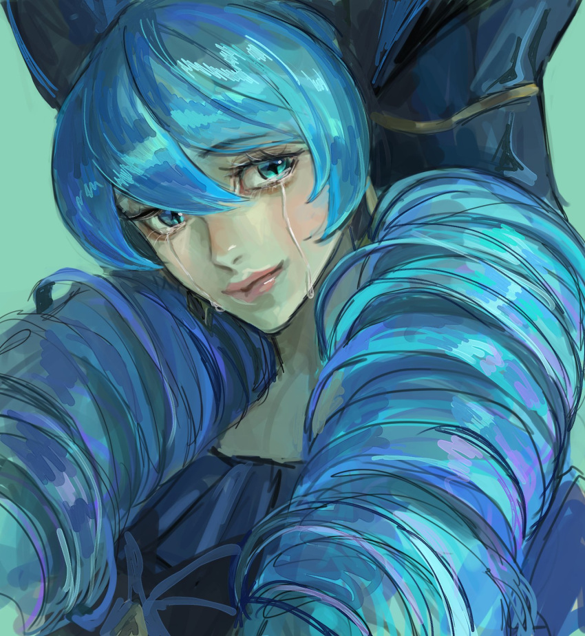 1girl bangs black_bow black_dress blue_hair bow closed_mouth commentary_request crying crying_with_eyes_open dress drill_hair eyebrows_visible_through_hair green_background gwen_(league_of_legends) hair_bow highres league_of_legends long_hair looking_at_viewer seulbaeg_(s100su) shiny shiny_hair shiny_skin simple_background solo tears twin_drills twintails upper_body