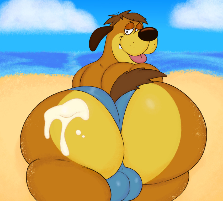 anthro beach big_butt blue_clothing blue_thong blue_underwear brown_body brown_fur bubble_butt bunnicula_(series) butt canid canine canis chubby_anthro chubby_cheeks chubby_male clothed clothing domestic_dog filthyopossum from_behind_position fur harold_(bunnicula) hi_res looking_at_viewer looking_back male mammal multicolored_body multicolored_fur partially_clothed pinup pose presenting presenting_hindquarters public raised_tail rear_view sand sea seaside sex sexy_eyes slightly_chubby smile solo solo_focus sunscreen thick_thighs thong tongue tongue_out two_tone_body two_tone_fur underwear walking water wide_hips