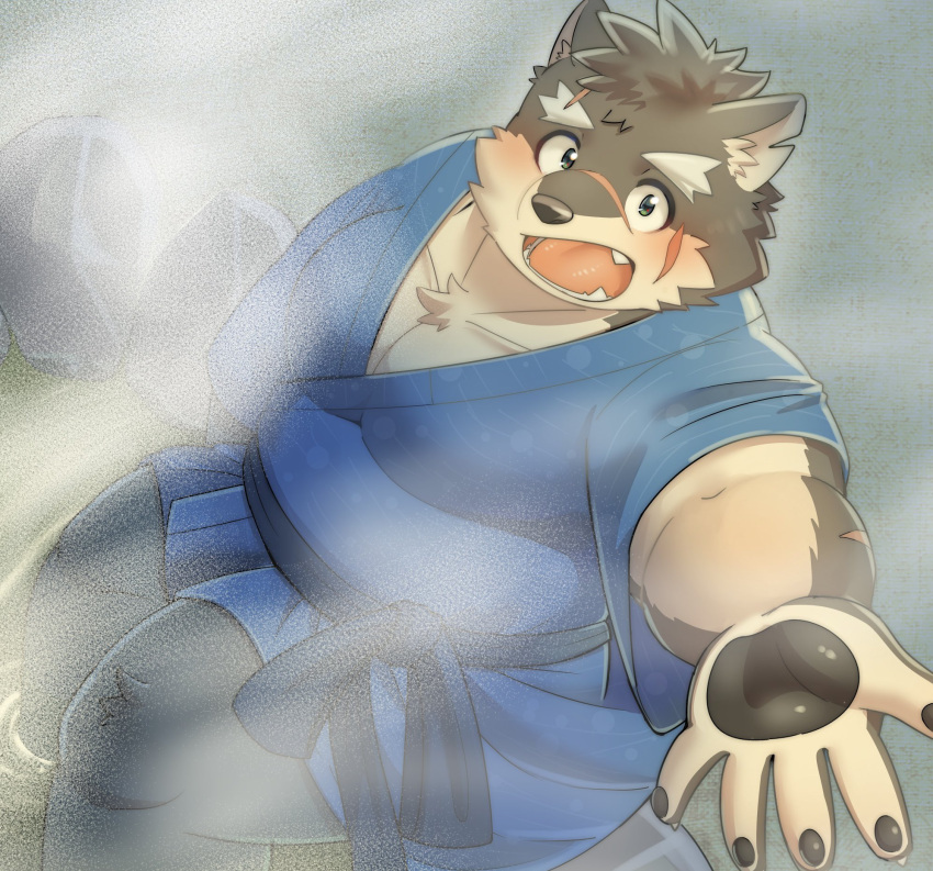 amidasuke anthro asian_clothing blush canid canine canis clothing domestic_dog east_asian_clothing first_person_view footbath hi_res hot_spring japanese_clothing kimono lifewonders male mammal moritaka pawpads reaching_towards_viewer sash tokyo_afterschool_summoners video_games water