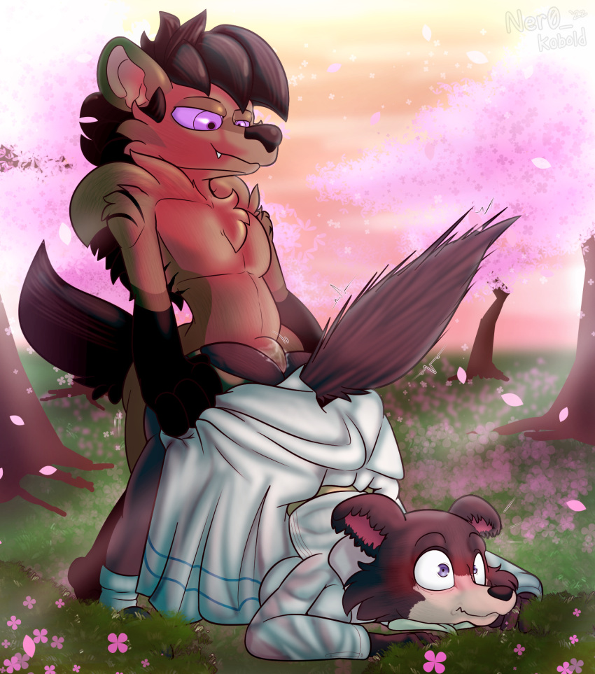 2022 4_fingers anal anal_penetration anthro ass_up beastars black_body black_fur black_hair black_nose black_stripes blush breasts butt canid canine canis cherry_blossom cherry_blossom_tree cherry_tree chest_tuft clothed clothed/nude clothing clothing_grab detailed_background digital_media_(artwork) doggystyle dress duo eyebrows eyelashes female female_penetrated fingers from_behind_position fruit_tree fur genitals gloves_(marking) grabbing_partner grass gyro_(ner0_kobold) hair hi_res hyaenid juno_(beastars) leg_markings looking_at_another looking_down looking_down_at_partner male male/female male_penetrating male_penetrating_female mammal markings motion_lines multicolored_body multicolored_fur ner0_kobold nude outside penetration penis plant purple_eyes purple_sclera sex shaded signature sky smile socks_(marking) striped_hyena stripes sunset surprise surprise_buttsex surprise_sex surprised_expression tan_body tan_fur tree tuft two_tone_body two_tone_fur white_clothing white_dress wolf