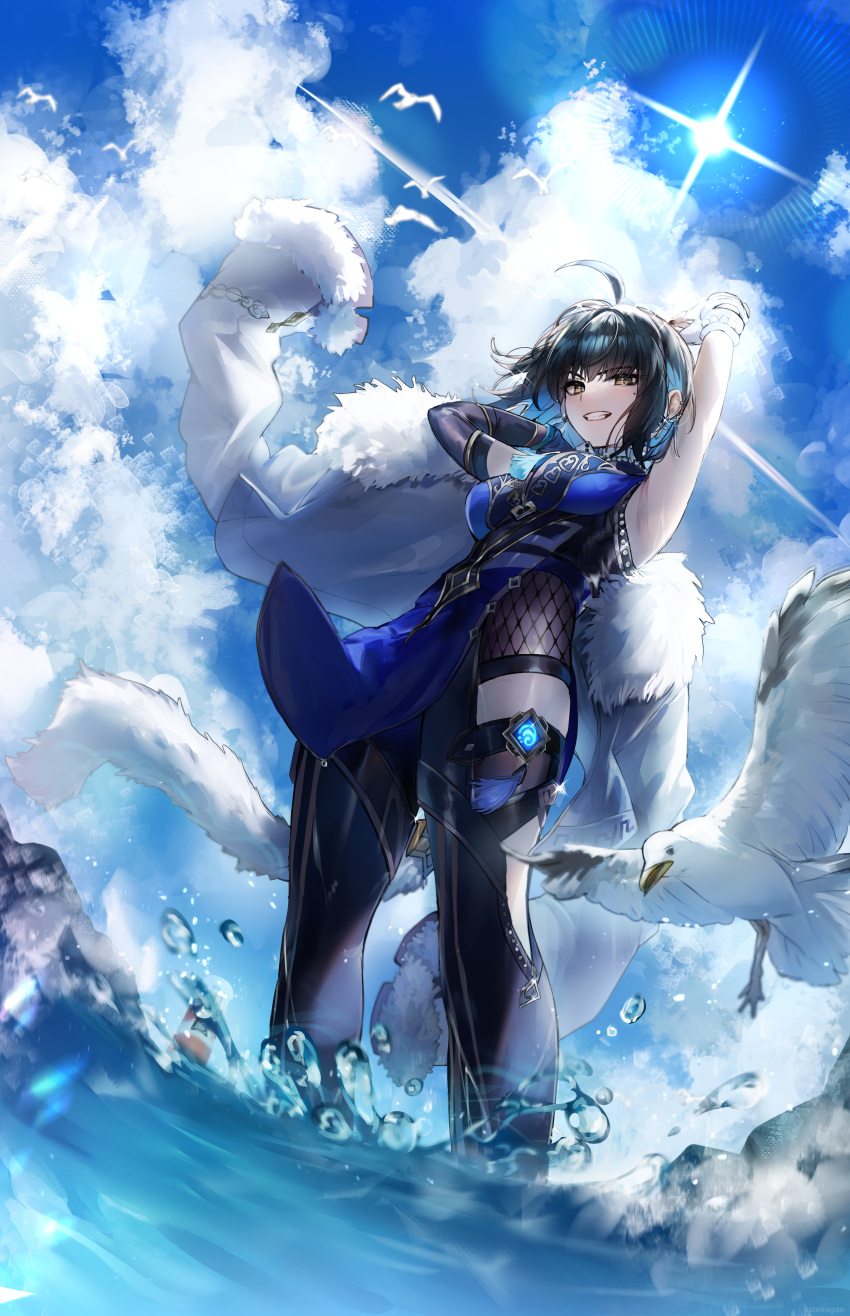 1girl absurdres ahoge armpits arms_behind_head arms_up asymmetrical_gloves bangs bird black_hair black_legwear blue_dress blue_shirt blue_sky breasts brown_eyes cosplay cross cross_earrings detached_sleeves dress ear_piercing earrings full_body genshin_impact gloves grin highres holding holding_clothes holding_jacket irene_(kanniiepan) jacket jacket_over_shoulder jacket_removed jewelry kanniiepan lens_flare looking_at_viewer medium_breasts mole mole_under_eye original partially_submerged pelvic_curtain piercing seagull shirt short_hair single_sleeve sky smile standing tassel thighhighs wading water white_gloves white_jacket yelan_(genshin_impact) yelan_(genshin_impact)_(cosplay)