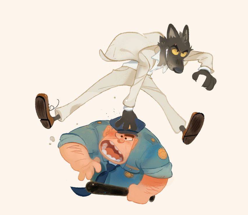 biped bottomwear canid canine canis clothing concept_art dreamworks duo hi_res human humanoid_hands mammal mr._wolf_(the_bad_guys) necktie official_art pants police police_badge police_baton police_hat police_officer police_uniform shirt simple_background taylor_krahenbuhl the_bad_guys topwear uniform wolf