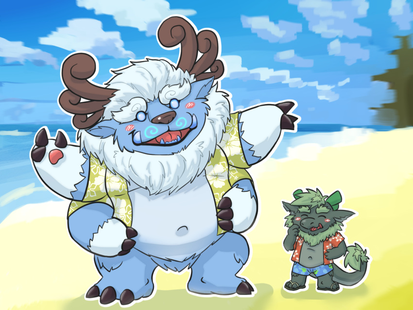 2022 absurd_res anthro beach beard belly big_belly blue_body blush bottomwear clothed clothing cloud duo eyes_closed facial_hair footwear hi_res hokolee32 kemono league_of_legends male open_clothing open_shirt open_topwear outside overweight overweight_male riot_games sandals seaside shirt shorts size_difference topwear unknown_character video_games water willump_(lol)