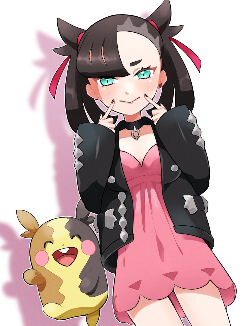 1girl aria_pkmn asymmetrical_bangs bangs black_choker black_hair black_jacket black_nails blush choker commentary_request dress earrings fingersmile green_eyes hair_ribbon hands_up highres jacket jewelry looking_at_viewer marnie_(pokemon) morpeko morpeko_(full) nail_polish open_clothes open_jacket pink_dress pokemon pokemon_(creature) pokemon_(game) pokemon_swsh red_ribbon ribbon