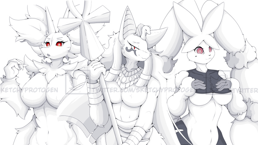 absurd_res angry anthro arm_tuft bandage bandaged_chest big_breasts big_ears body_hair breasts canid canine chest_hair clothed clothing crop_top cropped delphox egyptian_clothing exposed_breasts eyebrows female female/female fox fur fur_tuft gem group hair hi_res inner_ear_fluff jewelry lagomorph leggings legwear leporid mammal mega_evolution mega_lopunny neck_tuft nintendo partially_clothed partly pink_eyes pok&eacute;mon pok&eacute;mon_(species) rabbit red_eyes shaded shirt simple_background simple_shading sketchy_protogen smile smiling_at_viewer staff thick_thighs topwear trio tuft video_games watermark wide_hips wrist_guards wrist_tuft