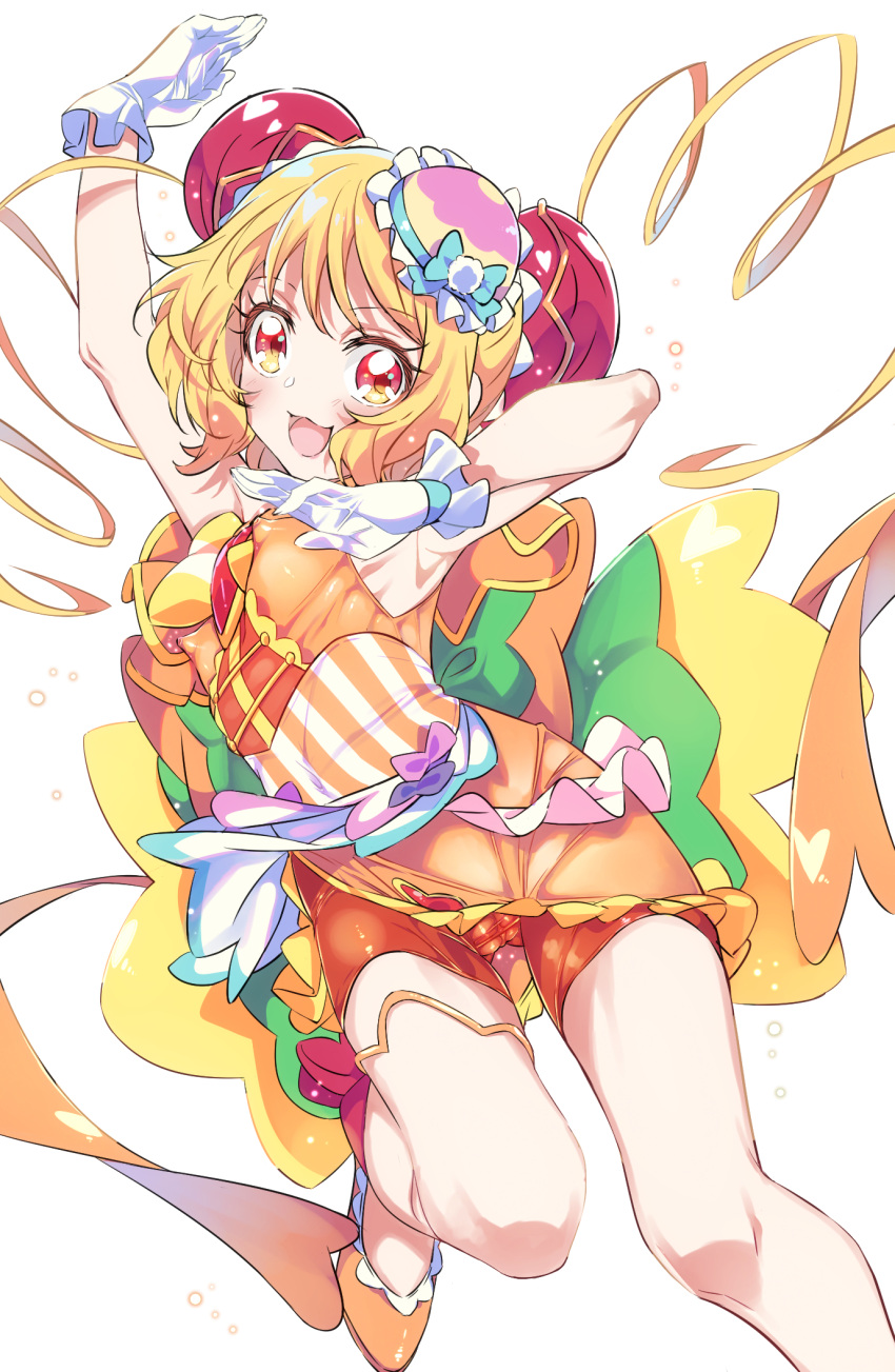 1girl :d armpits arms_up bangs blonde_hair bodysuit breasts cameltoe chest_jewel covered_nipples cure_yum-yum delicious_party_precure double_bun drill_hair erect_clitoris eyebrows_visible_through_hair full_body gloves hat highres looking_at_viewer magical_girl niko_(tama) precure red_eyes simple_background small_breasts smile solo thigh_strap thighs twin_drills white_background white_gloves