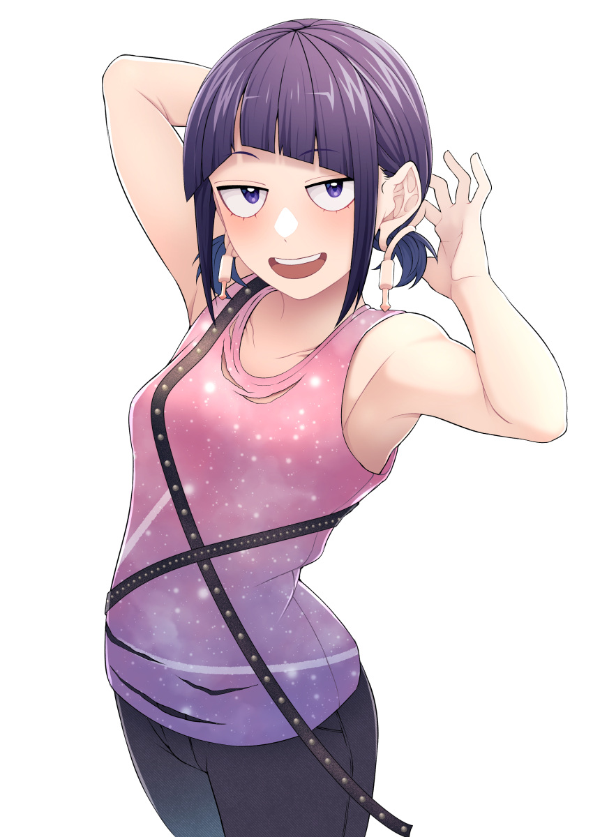 absurdres alternate_costume alternate_hairstyle arm_behind_head boku_no_hero_academia grey_pants highres jirou_kyouka kobaji pants pink_shirt purple_eyes purple_hair purple_shirt shirt simple_background sky_print slacks sleeveless smile standing studded teeth upper_teeth white_background