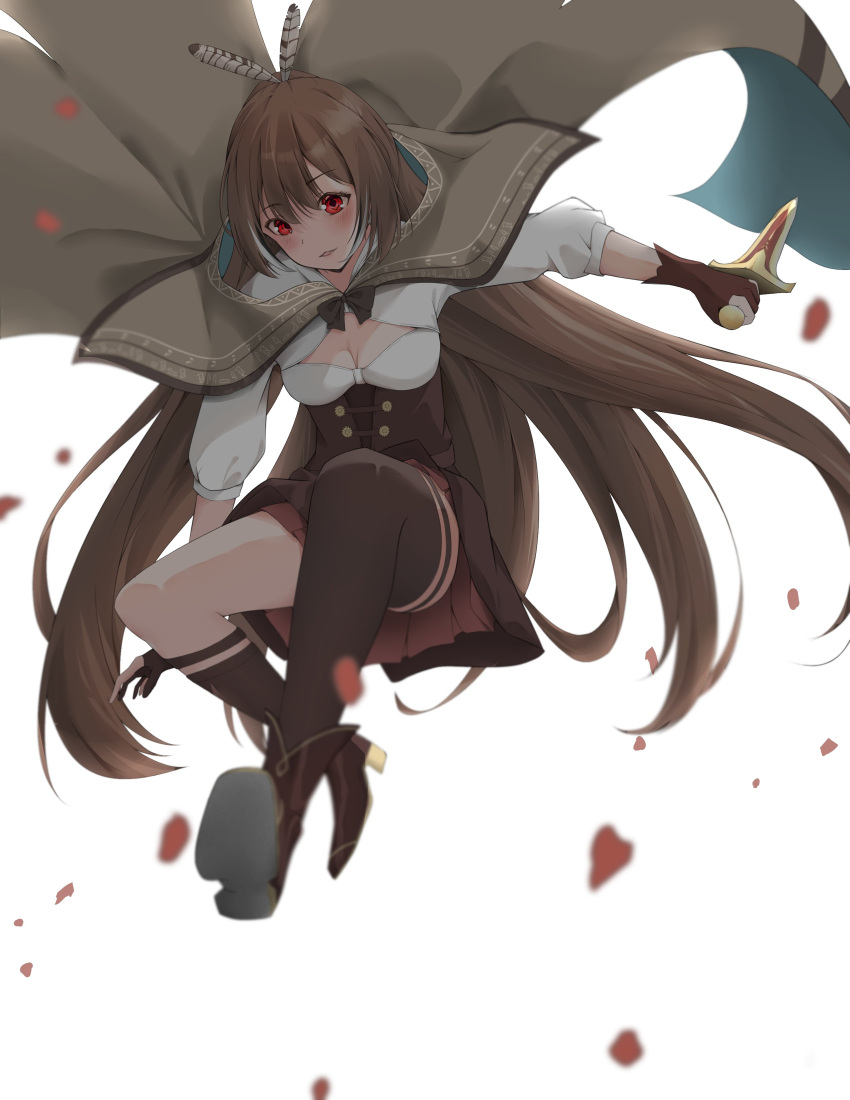 1girl absurdres airenif asymmetrical_legwear blurry blush boots brown_capelet brown_cloak brown_corset brown_hair cape capelet cleavage_cutout cloak clothing_cutout corset dagger depth_of_field feather_hair_ornament feathers gloves hair_ornament hieroglyphics highres hololive hololive_english jumping knee_strap kneehighs knife long_hair multicolored_hair nanashi_mumei parted_lips partially_fingerless_gloves petals ponytail red_eyes ribbon rose_petals shirt single_kneehigh single_thighhigh solo streaked_hair thigh_strap thighhighs very_long_hair virtual_youtuber weapon white_background white_shirt