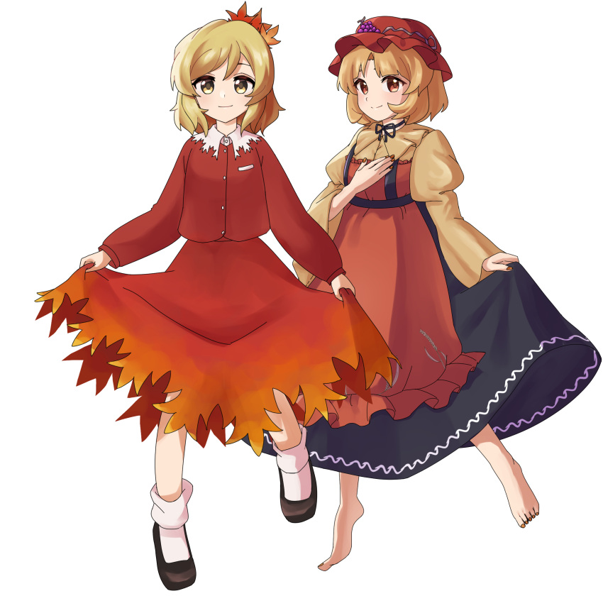 2girls absurdres aki_minoriko aki_shizuha apron autumn_leaves barefoot black_footwear black_skirt blonde_hair closed_mouth collared_shirt commentary_request food food-themed_hair_ornament frilled_apron frills fruit full_body gradient_skirt grape_hair_ornament grapes hair_ornament hand_on_own_chest happy hat highres juliet_sleeves leaf leaf_hair_ornament leaf_on_head light_brown_shirt long_sleeves looking_at_viewer min1223 mob_cap multiple_girls orange_apron orange_eyes orange_headwear orange_shirt orange_skirt puffy_sleeves shirt shoes short_hair simple_background skirt skirt_hold smile socks touhou wheat_print white_background white_legwear wide_sleeves yellow_eyes