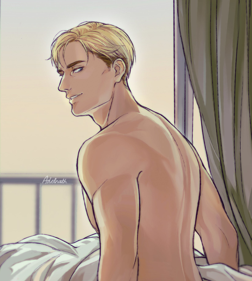 1boy adelnath artist_name blanket blonde_hair blue_eyes curtains erwin_smith highres male_focus profile shingeki_no_kyojin signature smile solo topless_male upper_body