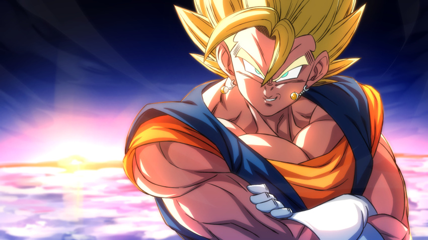 1boy aqua_eyes blonde_hair crossed_arms dragon_ball dragon_ball_z earrings gloves grin jewelry looking_at_viewer male_focus muscular muscular_male potara_earrings rom_(20) smile solo spiked_hair super_saiyan super_saiyan_1 upper_body vegetto white_gloves