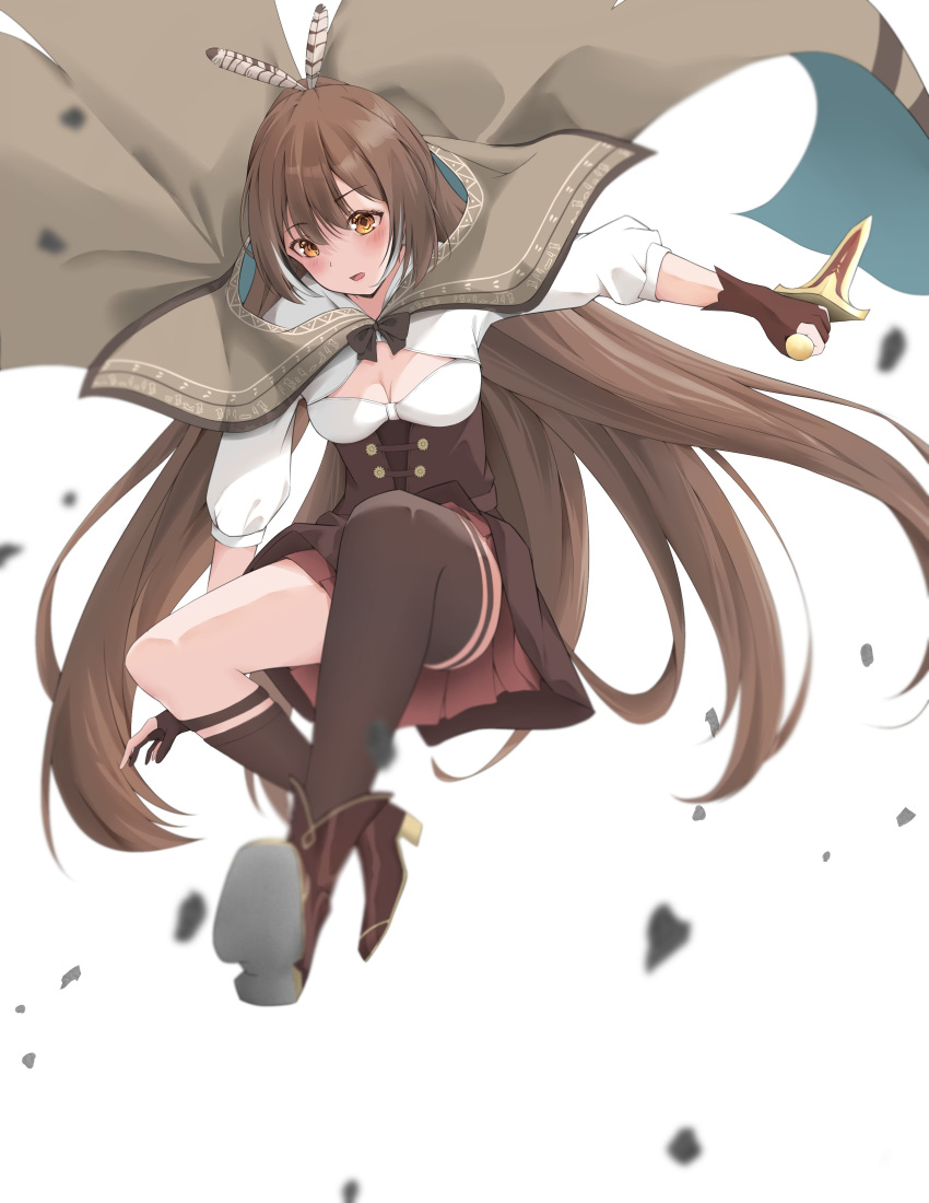 1girl absurdres airenif asymmetrical_legwear blurry blush boots brown_capelet brown_cloak brown_corset brown_eyes brown_hair cape capelet cleavage_cutout cloak clothing_cutout corset dagger debris depth_of_field feather_hair_ornament feathers gloves hair_ornament hieroglyphics highres hololive hololive_english jumping knee_strap kneehighs knife long_hair multicolored_hair nanashi_mumei partially_fingerless_gloves ponytail ribbon shirt single_kneehigh single_thighhigh solo streaked_hair thigh_strap thighhighs very_long_hair virtual_youtuber weapon white_background white_shirt