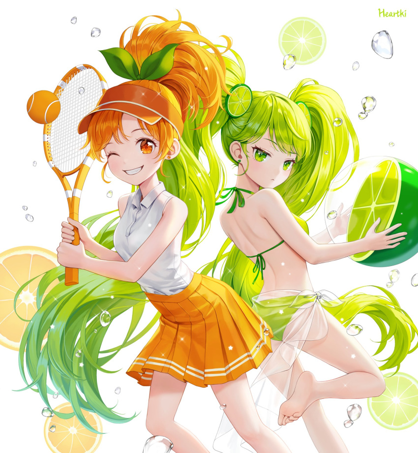 2girls ball bikini collared_shirt cookie_run food-themed_hair_ornament grin hair_ornament heartki high_ponytail highres leaf_hair_ornament lime_cookie lime_hair_ornament multiple_girls one_eye_closed orange_cookie orange_eyes orange_hair pleated_skirt racket sarong see-through_sarong shirt skirt sleeveless sleeveless_shirt smile sportswear swimsuit tennis_ball tennis_racket tennis_uniform visor_cap water_drop