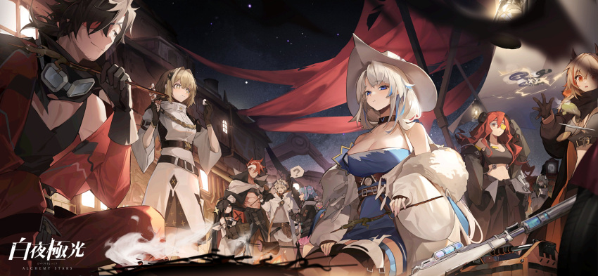 +_+ 3boys 6+girls :t ? absurdres alchemy_stars azure_(alchemy_stars) bandaged_arm bandages bangs bare_shoulders belt black_gloves black_hair blonde_hair blue_dress blue_eyes blue_hair bopper_(alchemy_stars) breasts building campfire choker cleavage closed_mouth coat coat_on_shoulders company_name crop_top dress drone electricity eve_(alchemy_stars) eyepatch fingerless_gloves fur-trimmed_coat fur_trim gloves goggles goggles_around_neck gun hair_intakes hat headband highres jacket jitome jumpsuit kerosene_lamp large_breasts lizard long_hair looking_at_viewer maggie_(alchemy_stars) mechanical_arms midriff multiple_boys multiple_girls nagito navigator_(alchemy_stars) night night_sky odi_(alchemy_stars) official_art outdoors parted_bangs plate prosthesis prosthetic_arm red_hair rifle roy_(alchemy_stars) seiza short_hair single_mechanical_arm sinsa_(alchemy_stars) sitting skewer sky sleeveless sleeveless_dress smile smoke sparkle spoken_question_mark steam tank_top thumbs_up toolbox vice_(alchemy_stars) weapon white_headwear white_jacket zeta_(alchemy_stars)