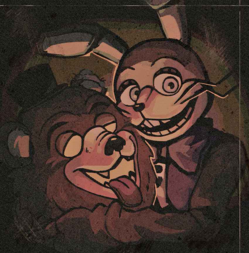 ambiguous_gender anthro bow_tie brown_body brown_fur buckteeth button_(fastener) clothing costume decapitation duo five_nights_at_freddy's fur fursuit fursuit_head glitchtrap golden_freddy_(fnaf) hat headgear headwear hi_res holding_head holding_object lagomorph leporid looking_at_viewer male mammal notched_ear open_mouth open_smile pink_eyes rabbit scottgames sharp_teeth skylordlysander smile stuffing teeth tongue tongue_out top_hat topwear ursid vest video_games whiskers yellow_body
