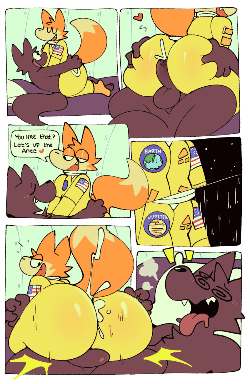 &lt;3 2022 anthro balls big_butt blush bodily_fluids butt canid canine comic cum dialogue duo english_text foreskin fox genital_fluids genitals hand_on_hip hi_res hot_dogging huge_butt lying male male/male mammal on_back penis precum space speech_bubble spiral_eyes squishy_(artist) submissive submissive_male text thick_thighs tobi_(squishy) wide_hips