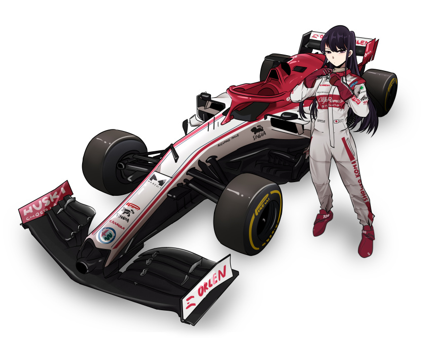 absurdres bangs black_eyes black_hair breasts colored_skin formula_one gloves highres holeecrab komi-san_wa_komyushou_desu komi_shouko long_hair looking_at_viewer medium_breasts no_mouth pale_color purple_hair racing_suit red_footwear red_gloves swept_bangs top-down_bottom-up wheel white_background white_skin