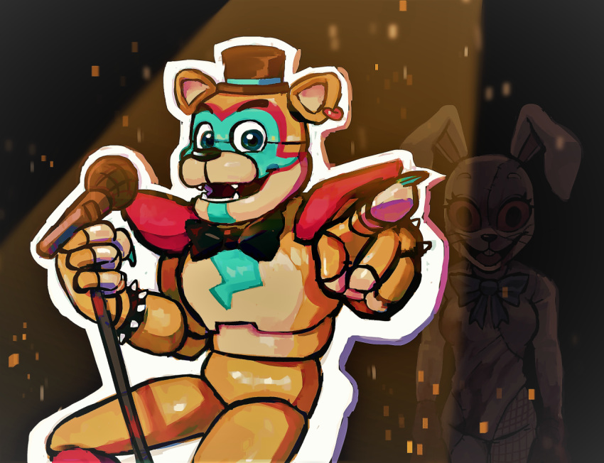 animatronic anthro blue_eyes bow_tie bracelet buckteeth clothing colored_nails costume cutout duo ear_piercing ear_ring female five_nights_at_freddy's five_nights_at_freddy's:_security_breach fursuit gesture glamrock_freddy_(fnaf) holding_object jewelry lagomorph leporid looking_at_viewer machine male mammal microphone multicolored_body nails open_mouth open_smile orange_body patch_(fabric) piercing pointing pointing_at_viewer rabbit red_eyes robot scottgames sharp_teeth shoulder_pads skylordlysander smile spiked_bracelet spikes teeth ursid vanny_(fnaf) video_games whiskers white_body
