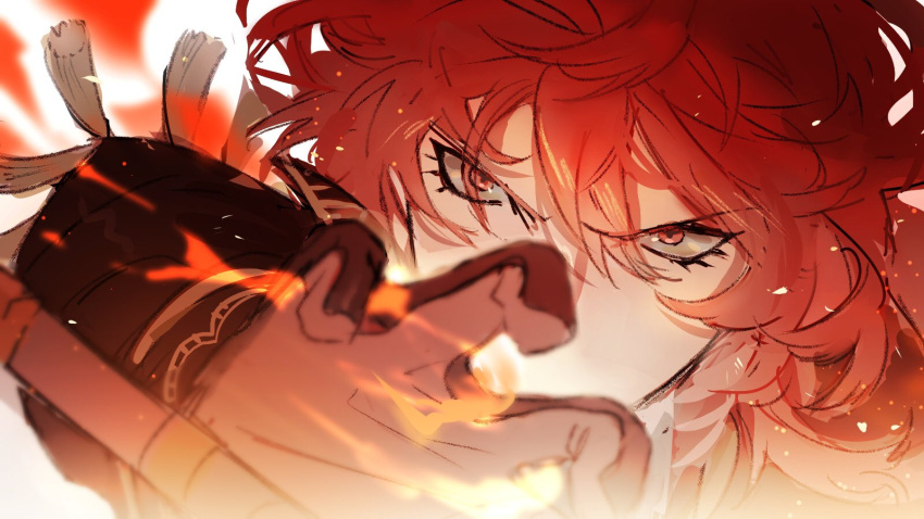 1boy angry black_gloves brown_gloves diluc_(genshin_impact) eyebrows_visible_through_hair eyelashes eyes_visible_through_hair face fire flame genshin_impact gloves hair_between_eyes highres male_focus mikuroron multicolored_clothes multicolored_gloves red_eyes red_hair solo tassel two-tone_gloves upper_body
