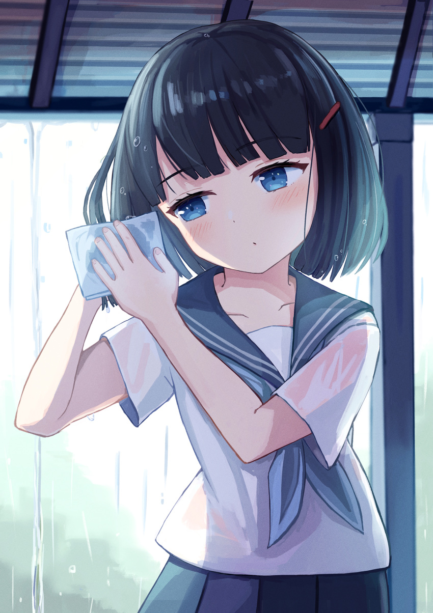 1girl bangs blue_eyes blue_neckerchief blue_sailor_collar blunt_bangs blush bob_cut enokitake green_hair green_skirt hair_ornament hairpin handkerchief highres neckerchief original pleated_skirt rain sailor_collar school_uniform see-through serafuku skirt solo wet wet_clothes wet_hair white_serafuku