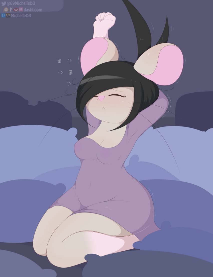 2022 black_hair breasts clothed clothing conditional_dnp dashboom eyes_closed female grey_body hair hi_res mammal michelle_(dashboom) mouse murid murine nightgown rodent simple_background sleeping solo sound_effects stretching translucent translucent_clothing zzz