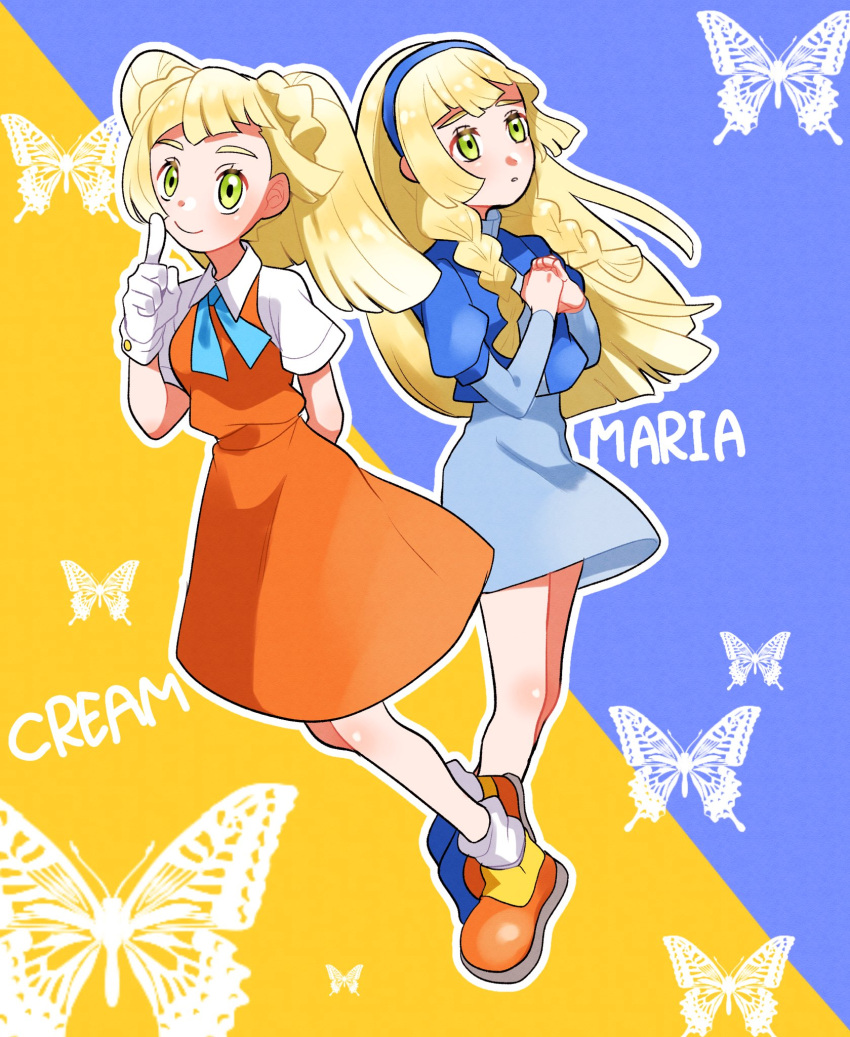 2girls aria_pkmn bangs blonde_hair blue_dress blue_hairband blue_ribbon body_blush braid butterfly_background character_name closed_mouth commentary_request cosplay cream_the_rabbit cream_the_rabbit_(cosplay) dress eyelashes gloves green_eyes hairband hands_up highres lillie_(pokemon) long_hair looking_up loose_socks maria_robotnik maria_robotnik_(cosplay) multiple_girls neck_ribbon orange_dress orange_footwear outline own_hands_together parted_lips pokemon pokemon_(game) pokemon_sm purple_background ribbon shirt shoes short_sleeves smile sonic_(series) twin_braids white_gloves white_legwear white_shirt yellow_background