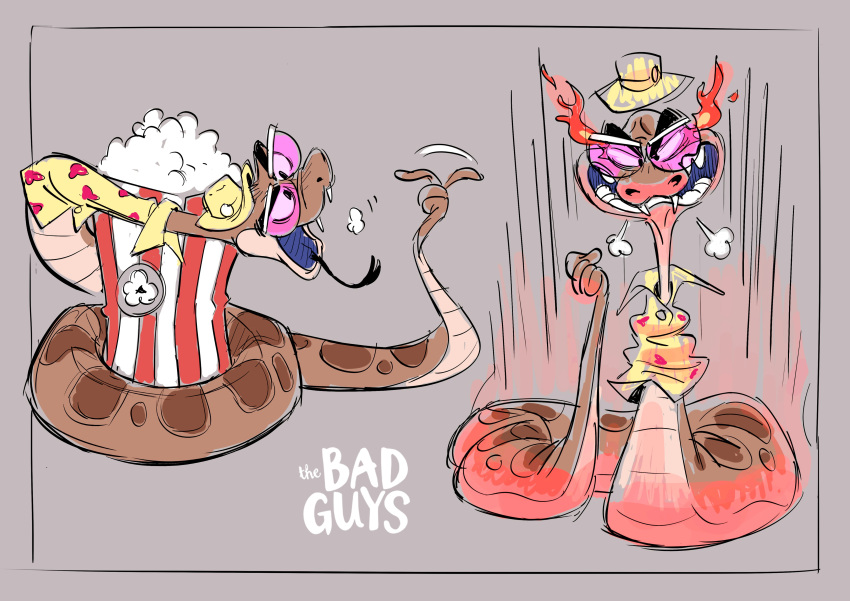 absurd_res angry chibetto clothing concept_art dreamworks eating eyewear feral food glasses hat headgear headwear hi_res mr._snake_(the_bad_guys) multiple_poses official_art popcorn pose reptile scalie shirt snake solo the_bad_guys topwear