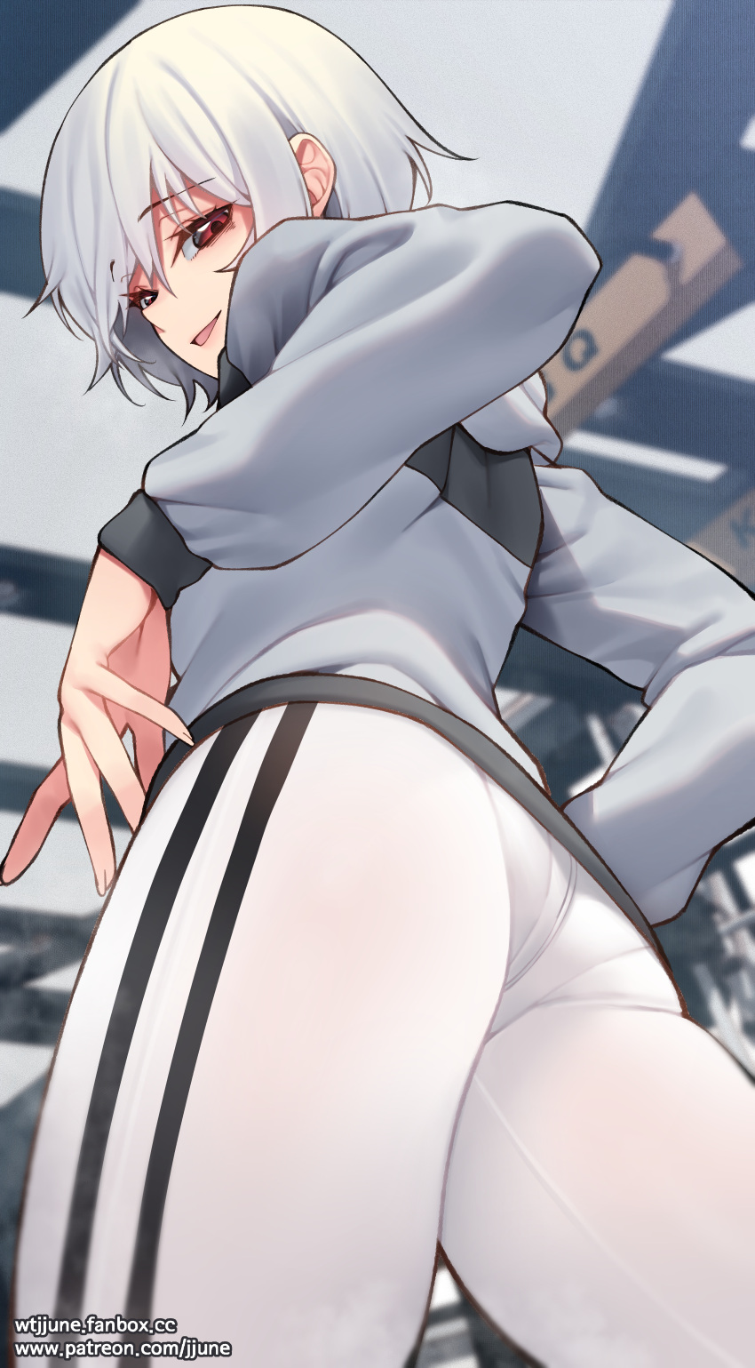 1girl absurdres ass bangs black_stripes eyebrows_visible_through_hair from_below highres hood hoodie jjune leggings looking_at_viewer original panties_under_leggings parted_lips red_eyes short_hair solo standing thighs white_hair white_hoodie white_legwear