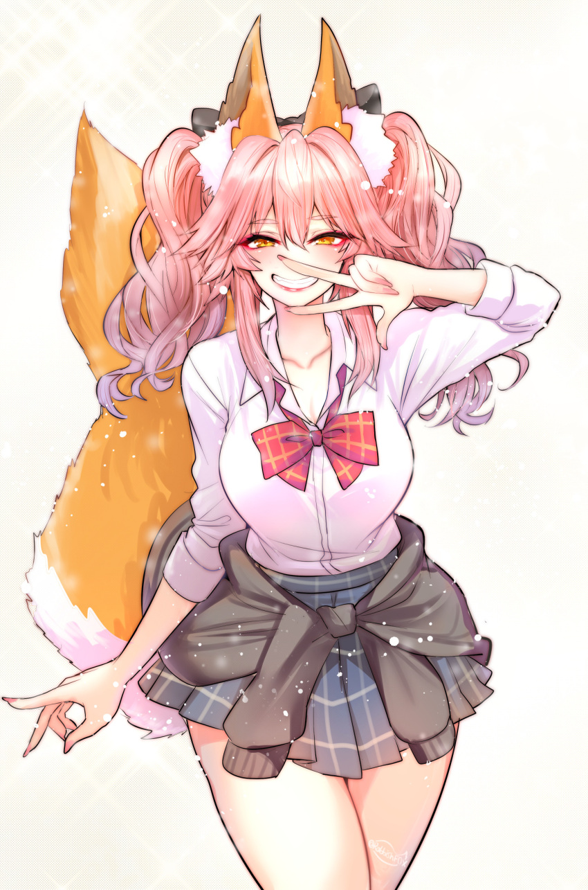 1girl animal_ear_fluff animal_ears bangs blush commentary_request eyebrows_visible_through_hair fate/extella fate/extra fate_(series) fox_ears fox_girl fox_tail hair_between_eyes highres lipstick looking_at_viewer makeup nail_polish parody pose school_uniform shirt simple_background skirt smile solo sono_bisque_doll_wa_koi_wo_suru tail tamamo_(fate) tamamo_no_mae_(fate/extra) tamamo_no_mae_(jk)_(fate) thighs white_background wisespeak yellow_eyes