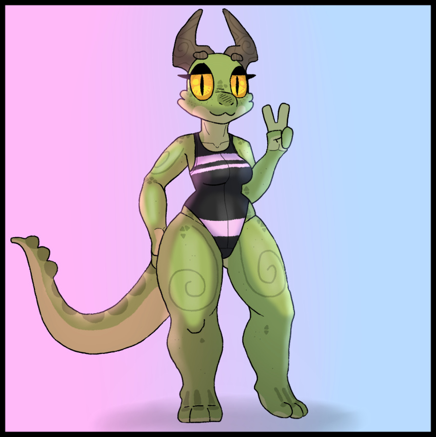 :3 amber_(squablodecomplash) anthro black_clothing black_topwear bottomwear breasts clothed clothing digital_media_(artwork) e_toes eyelashes eyeshadow facial_markings female gesture green_body green_scales head_markings hi_res horn horn_markings kobold looking_at_viewer makeup markings multicolored_body paws pink_clothing scales scalie smile smug solo squablodecomplash tail_markings topwear underwear v_sign wide_hips yellow_eyes
