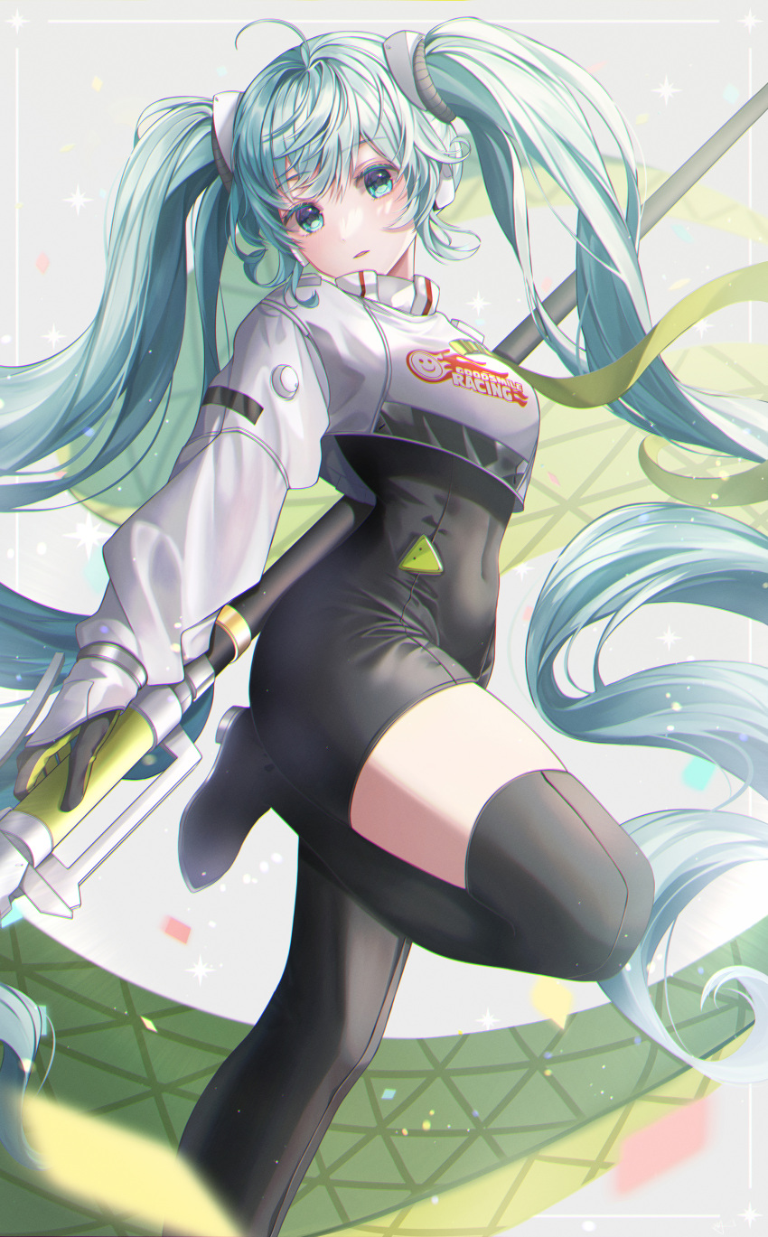 1girl absurdres aqua_eyes aqua_hair asymmetrical_bodysuit black_bodysuit bodysuit boots covered_navel crop_top crop_top_overhang cropped_jacket flag flagpole flame_print goodsmile_racing hasu_(selisa) hatsune_miku highres holding holding_flag holding_pole long_hair long_sleeves navel pole racing_miku racing_miku_(2022) single_thigh_boot smiley_face standing standing_on_one_leg thigh_boots thighhighs twintails two-tone_gloves very_long_hair vocaloid
