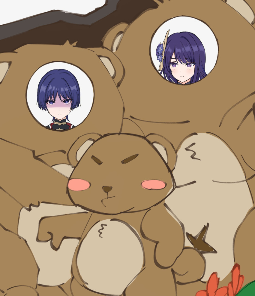 1boy 1girl flower genshin_impact hair_flower hair_ornament highres ij_xcm4o japanese_clothes mole mole_under_eye photo_stand-in purple_eyes purple_hair raiden_shogun scaramouche_(genshin_impact) short_hair