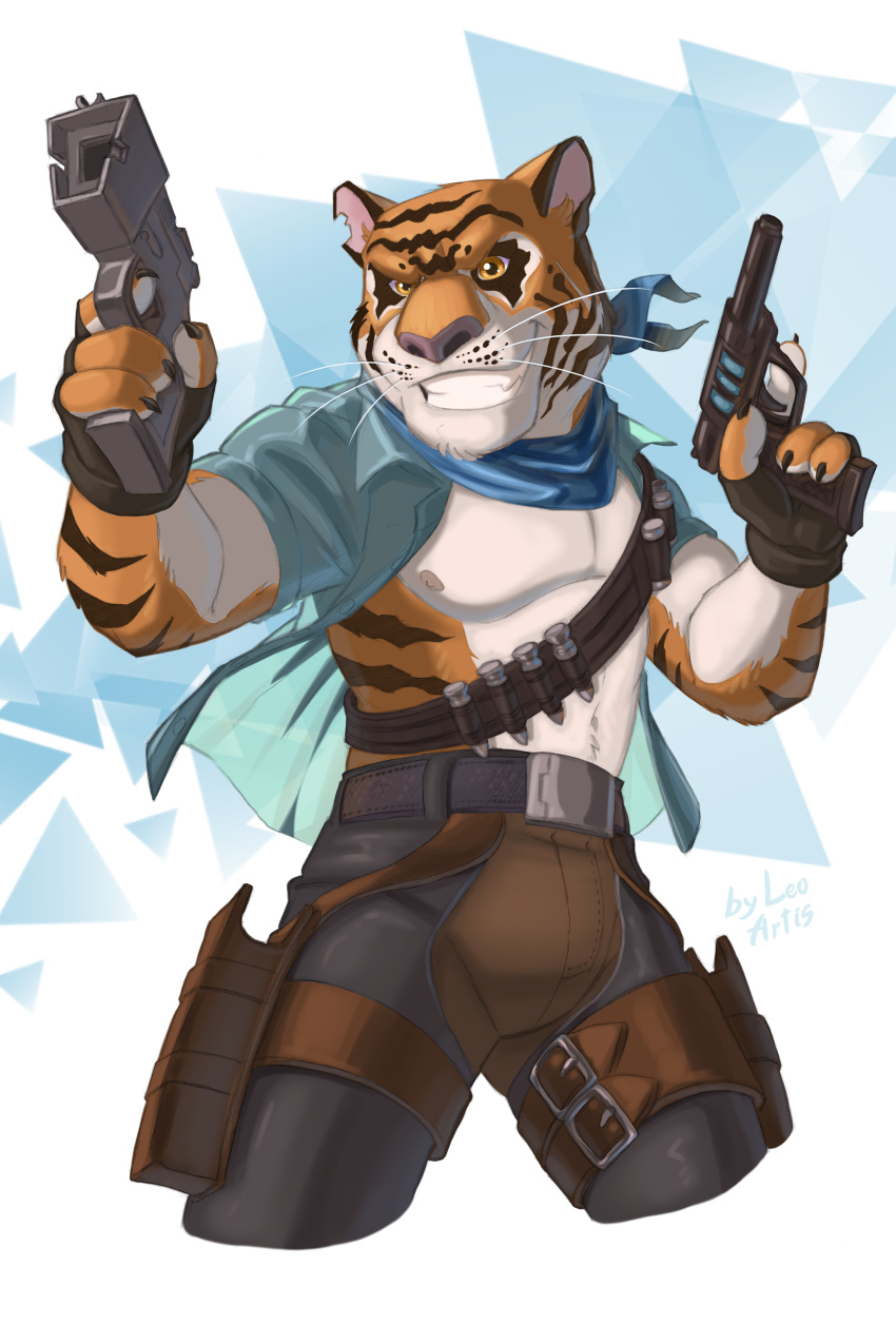 2022 absurd_res ammo_belt ammunition anthro bottomwear clothing dual_wielding felid fur gradient_background gun hi_res holding_object holding_weapon leo-artis male mammal muscular muscular_anthro muscular_male pantherine pants ranged_weapon simple_background solo striped_body striped_fur stripes teenage_mutant_ninja_turtles teeth tiger tiger_claw triangle_(shape) weapon white_background