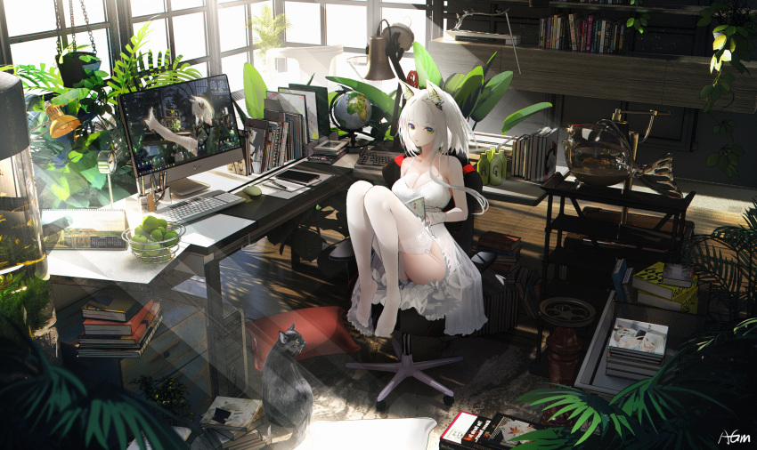 1girl alternate_costume animal_ears apple arknights bangs bare_shoulders book breasts cat cat_ears chair cleavage commentary_request computer dress fish_tank food fruit garter_straps globe green_apple green_eyes highres indoors kal'tsit_(arknights) keyboard_(computer) lamp light_particles light_rays looking_at_viewer monitor mouse_(computer) notebook office_chair omone_hokoma_agm parted_lips pillow plant potted_plant short_hair_with_long_locks sitting sleeveless sleeveless_dress solo table thighhighs white_dress white_hair white_legwear window