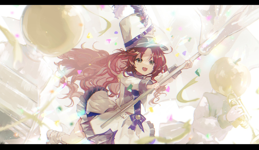 1girl 2others :d apple arknights arm_up bangs boots brown_eyes brown_footwear commentary_request confetti eyebrows_behind_hair fa2_(etu831) flag food frilled_skirt frills fruit golden_apple highres holding holding_flag holding_instrument instrument letterboxed long_hair long_sleeves multiple_others myrtle_(arknights) myrtle_(light_gold_celebration)_(arknights) official_alternate_costume parted_bangs pointy_ears red_hair shirt skirt smile solo_focus streamers thighhighs thighhighs_under_boots trumpet very_long_hair white_flag white_headwear white_legwear white_shirt white_skirt