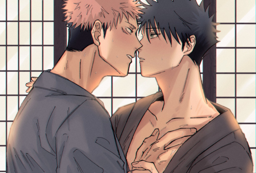 2boys bangs black_hair black_kimono blue_eyes blue_kimono blush brown_eyes collarbone commentary_request facial_mark fushiguro_megumi fushirun_rung grabbing green_eyes groping hair_between_eyes hand_under_clothes highres imminent_kiss itadori_yuuji japanese_clothes jujutsu_kaisen kimono looking_at_another male_focus multiple_boys open_clothes open_kimono parted_lips pectoral_grab pectorals pink_hair short_hair spiked_hair sweat undercut upper_body wall wide_sleeves yaoi