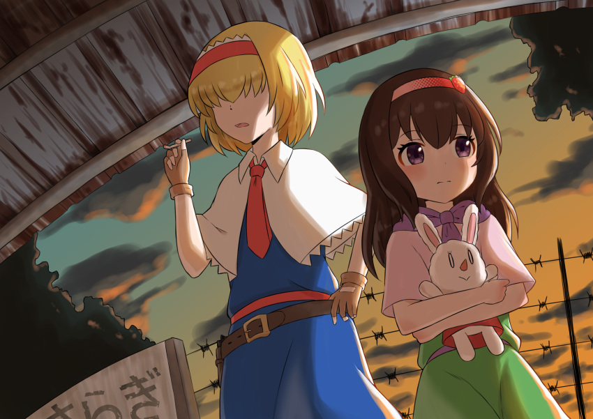 2girls absurdres alice_margatroid bangs barbed_wire belt blonde_hair blue_dress blush brown_belt brown_gloves brown_hair capelet cigarette closed_mouth collared_capelet commentary_request cookie_(touhou) cowboy_shot doll_hug dress dutch_angle eyebrows_visible_through_hair fingerless_gloves food-themed_hair_ornament gloves green_dress hair_between_eyes hair_ornament hair_over_eyes hairband highres ichigo_(cookie) jigen_(cookie) kisaragi_station long_hair looking_to_the_side multiple_girls necktie object_hug open_mouth outdoors pink_capelet purple_eyes purple_scarf red_hairband red_necktie red_sash sash scarf short_hair strawberry_hair_ornament stuffed_animal stuffed_bunny stuffed_toy sunset touhou tsugumi_amon white_capelet