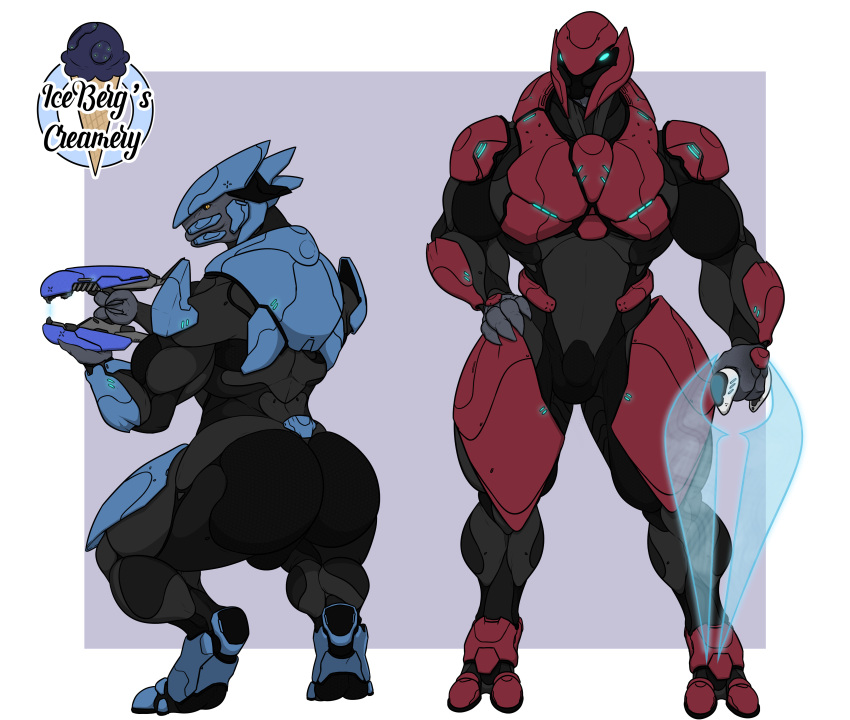 1ceberg absurd_res alien anthro armor big_butt blade butt clothing crouching duo energy_sword front_view halo_(series) hand_on_hip hi_res male melee_weapon microsoft muscular muscular_male muscular_thighs pecs plasma_rifle rear_view sangheili standing sword thick_thighs tight_clothing video_games weapon xbox_game_studios