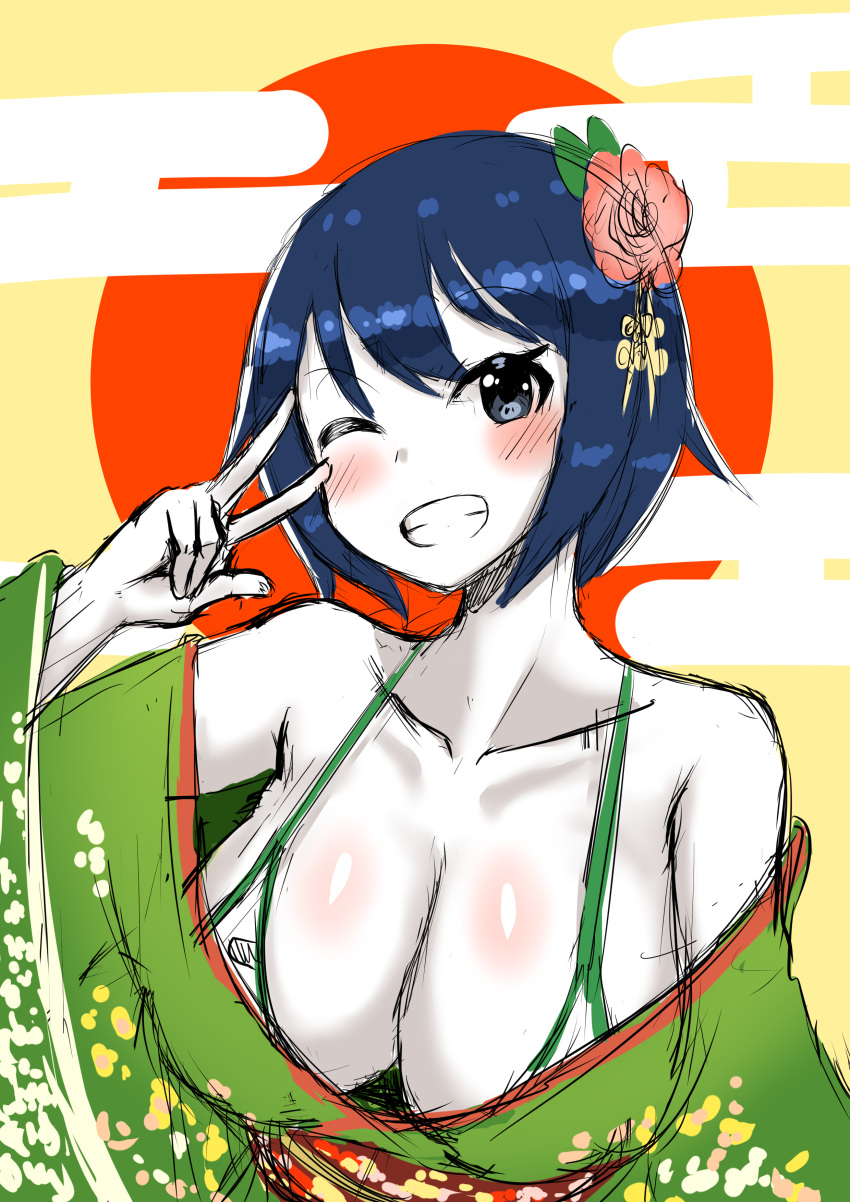 1girl absurdres bangs bikini bikini_under_clothes black_hair blue_hair blush body_blush breasts cleavage collarbone colored_skin commentary_request cookie_(touhou) egasumi eyebrows_visible_through_hair flower green_bikini green_kimono grin highres japanese_clothes kimono large_breasts looking_at_viewer milk_(cookie) murasa_minamitsu pink_flower short_hair smile solo swimsuit touhou tsugumi_amon upper_body v white_skin