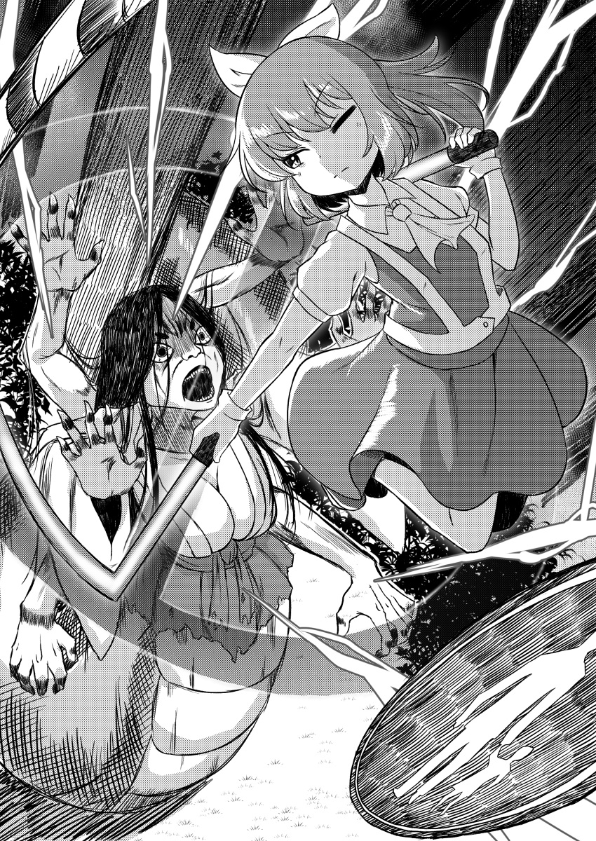 2girls absurdres ascot bangs bow breasts cleavage closed_mouth collared_shirt commentary_request cookie_(touhou) daiyousei diyusi_(cookie) extra_arms eyebrows_visible_through_hair full_body greyscale hair_bow high-visibility_vest highres japanese_mythology jumping kankandara large_breasts long_hair looking_at_another monochrome multiple_girls one_eye_closed open_mouth pedestrians_only_sign ponytail road_sign shirt short_sleeves sign skirt touhou traffic_baton tsugumi_amon vest youkai