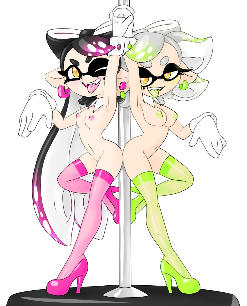 3_fingers alpha_channel animal_humanoid breasts callie_(splatoon) cephalopod cephalopod_humanoid clothing digital_media_(artwork) duo ear_piercing eyelashes female fingers footwear hair hand_holding hi_res high_heels humanoid inkling legwear looking_at_viewer marie_(splatoon) marine marine_humanoid mollusk mollusk_humanoid mostly_nude nintendo nipples one_eye_closed open_mouth piercing pole pose pseudo_hair shoes simple_background smile splatoon squid_sisters_(splatoon) standing stockings stripper_pole tentacle_hair tentacles thousandarms tongue tongue_out transparent_background video_games wink