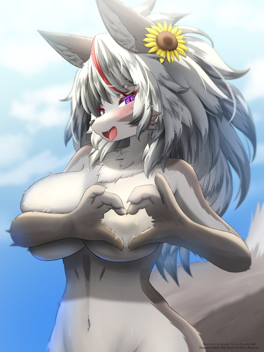 2022 4_fingers anthro big_breasts blush breasts canid canine cheek_tuft chest_tuft claws cute_fangs dipstick_tail english_text eyelashes facial_tuft faroula_twitt featureless_breasts female finger_claws fingers fluffy fox fur gesture grey_body grey_fur grey_hair hair half-length_portrait hand_heart hi_res inner_ear_fluff kemono long_hair looking_at_viewer mammal markings multicolored_body multicolored_fur multicolored_hair multicolored_tail naughty_face navel nude open_mouth portrait pupils purple_eyes red_hair slit_pupils solo tail_markings text tongue tongue_out tuft two_tone_body two_tone_fur white_body white_fur white_hair
